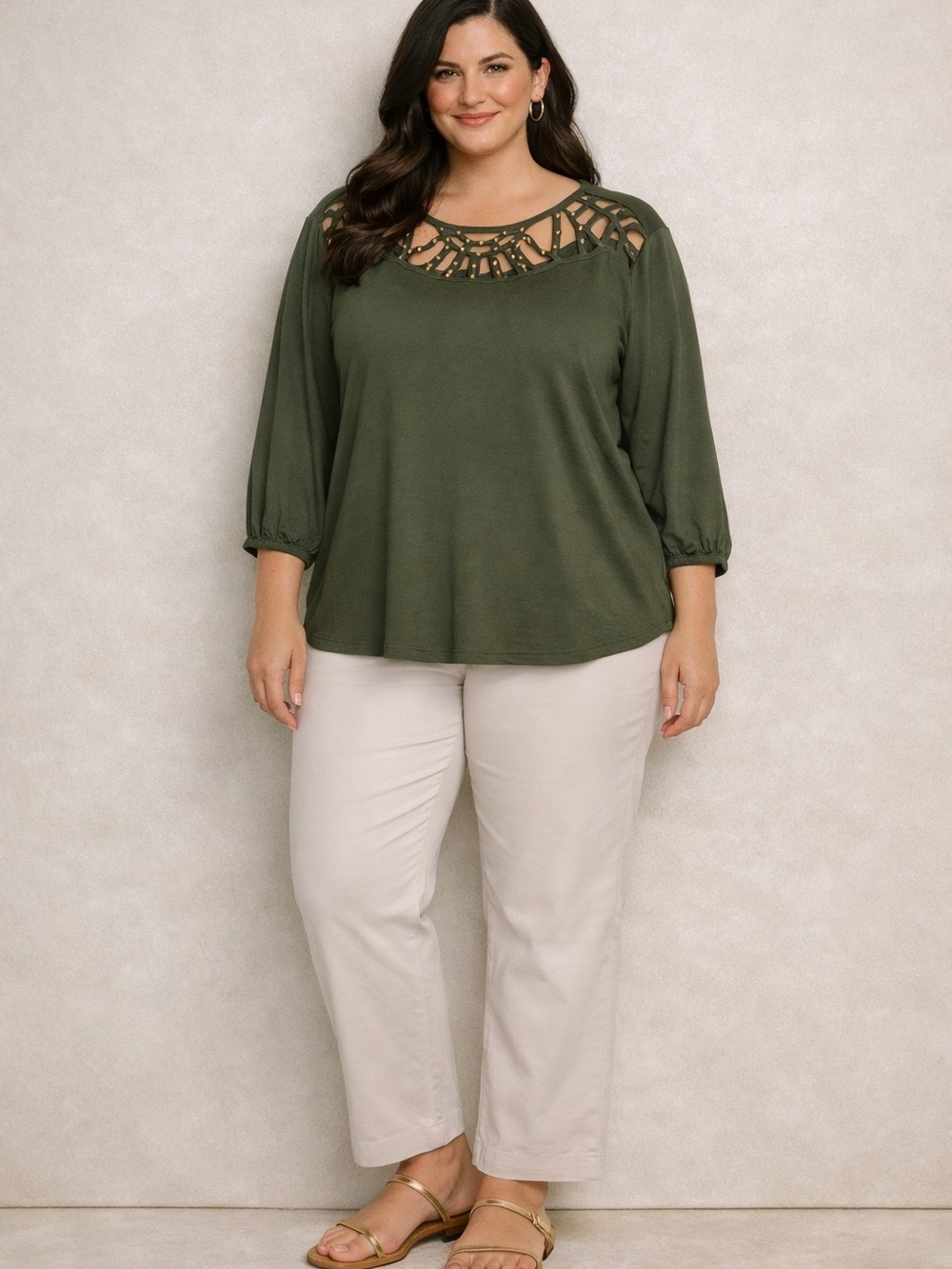 Love For Humanity Couture Olive Green Top Size 2X Embellished 3/4 Sleeve NWT